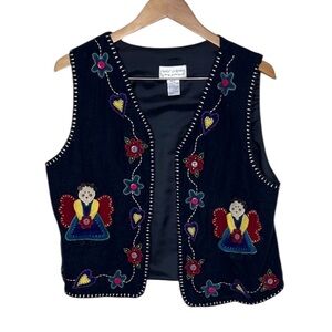 Vintage Casey Coleman Navy Wool Angel Applique Open Front Vest Women Size M/L